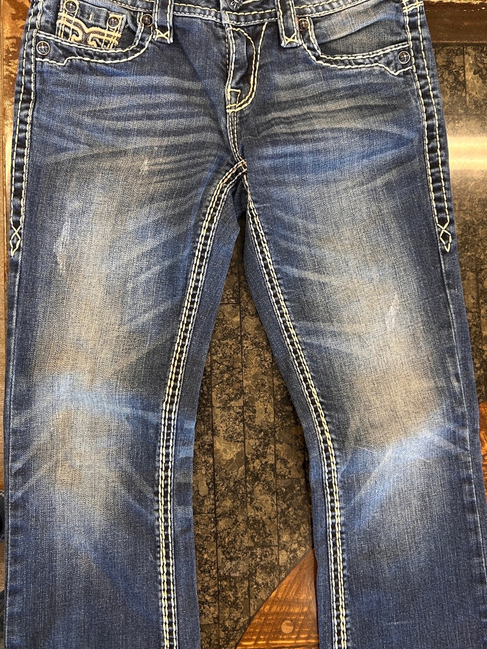 Rock Revival Ashlyn Easy Boot Jeans - Blue with Gold Embroidery - Picture 2 of 7